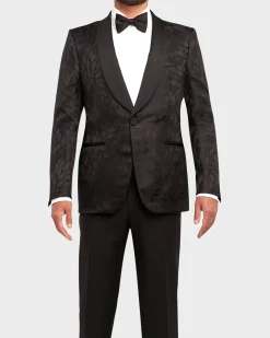 Black Silk Wool Shawl Collar Leaf Pattern Tuxedo Jacket