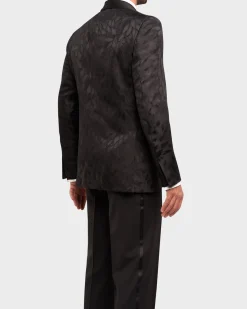 Black Silk Wool Shawl Collar Leaf Pattern Tuxedo Jacket
