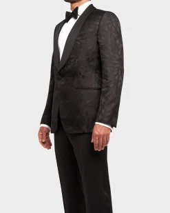 Black Silk Wool Shawl Collar Leaf Pattern Tuxedo Jacket
