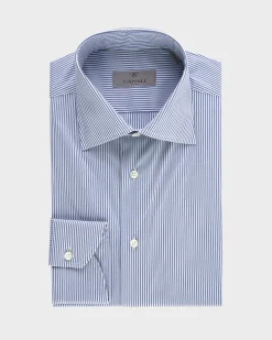Blue And White Vertical Pinstripe Cotton Stretch Shirt