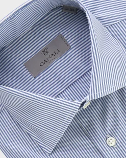 Blue And White Vertical Pinstripe Cotton Stretch Shirt