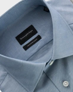 Blue Crossover Blend Cotton Linen Silk Shirt