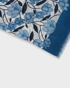 Blue Floral Linen Cotton Frayed Edge Scarf
