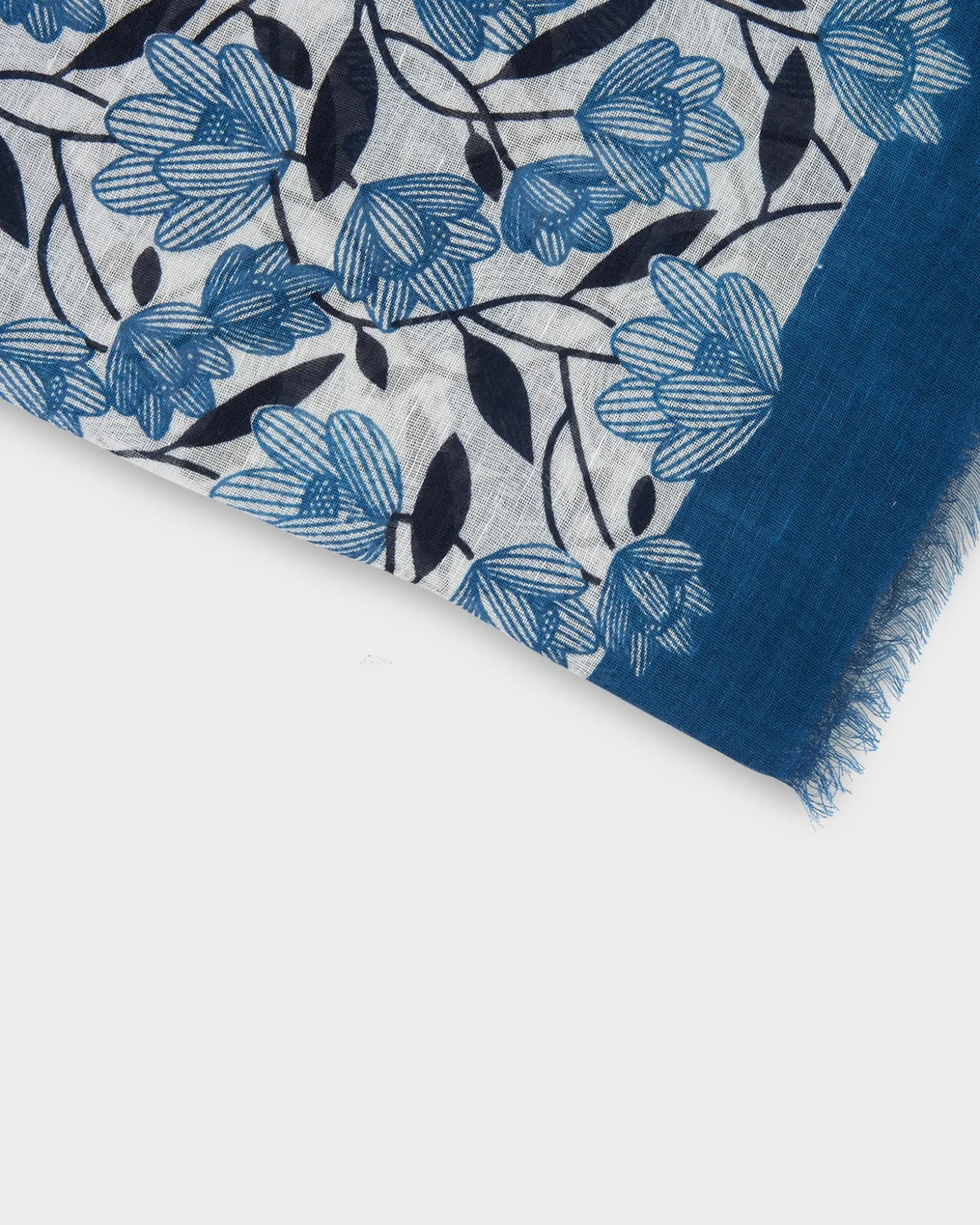 Blue Floral Linen Cotton Frayed Edge Scarf