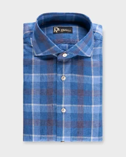 Blue With Burgundy Check Washed Linen Shirt