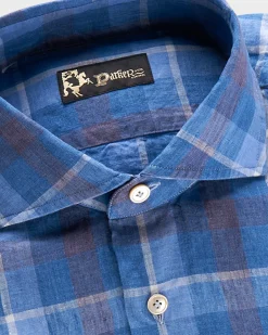 Blue With Burgundy Check Washed Linen Shirt