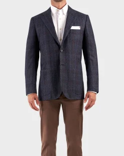 Blue With Burgundy Check Cashmere Silk Blend Sports Jacket