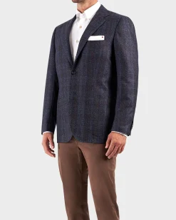 Blue With Burgundy Check Cashmere Silk Blend Sports Jacket