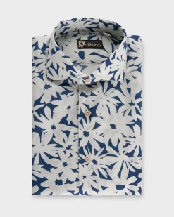 Blue With White Flower Pattern Linen Shirt