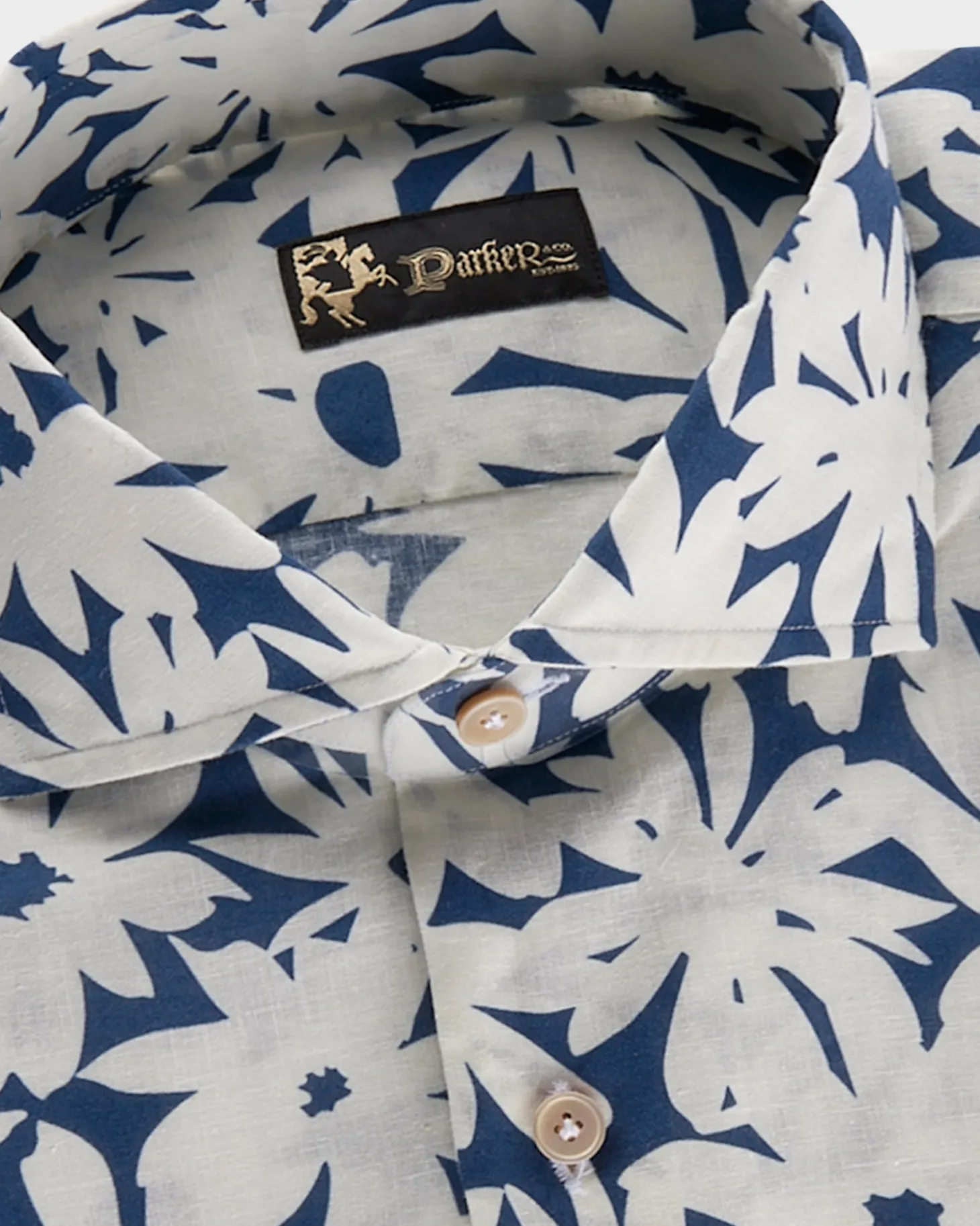 Blue With White Flower Pattern Linen Shirt