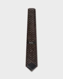 Brown And White Geo Floral Pattern Silk Tie