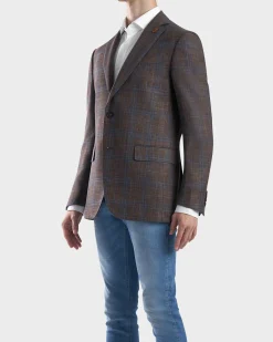 Brown With Blue Check Wool Silk Sports Jacket
