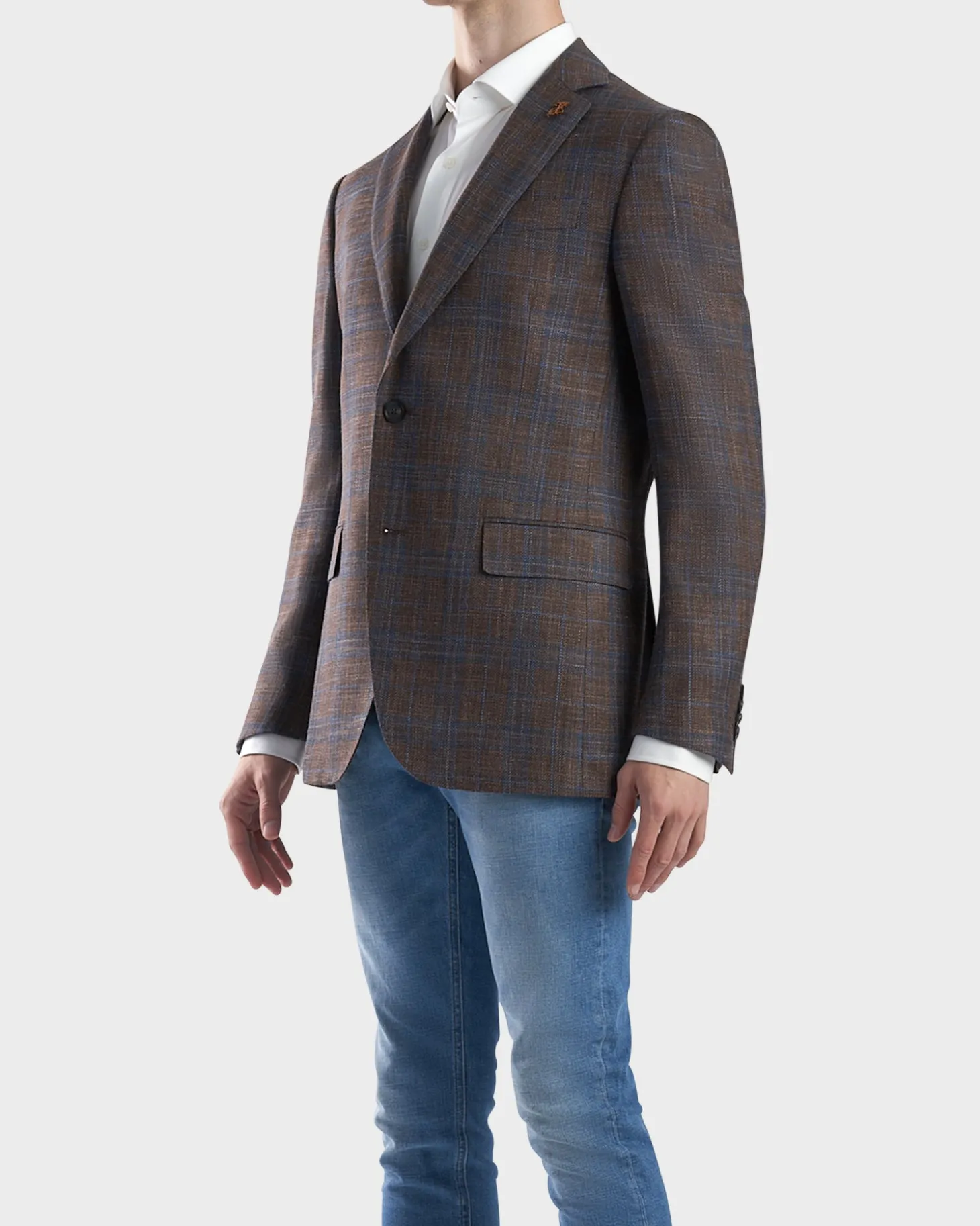 Brown With Blue Check Wool Silk Sports Jacket