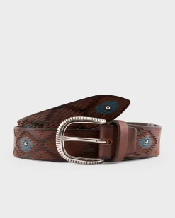 Brown With Turquoise Distressed Handpainted Leather Belt