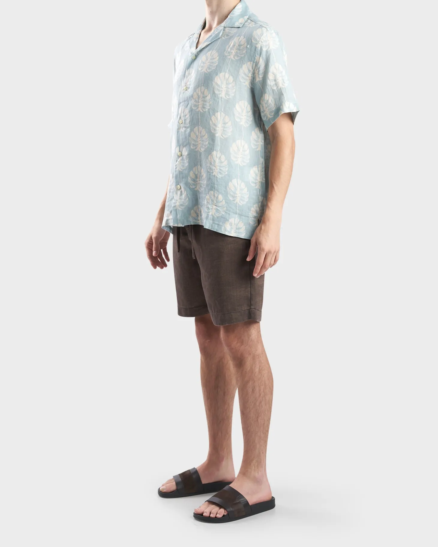 Cool Blue Roberto Botanical Leaf Print Linen Shirt
