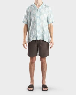 Cool Blue Roberto Linen Botanical Leaf Print Shirt