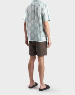 Cool Blue Roberto Linen Botanical Leaf Print Shirt