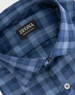Dark Avio Blue And Light Blue Macro Check Cotton Shirt