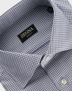 Dark Blue And White Micro Houndstooth Trofeo Cotton Shirt