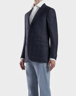 Dark Blue Check Milano Wool Silk Linen Sports Jacket