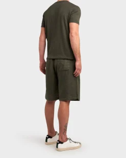 Dark Green Linen Stretch Crew Neck T-Shirt