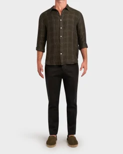 Dark Olive Green Check Linen Shirt