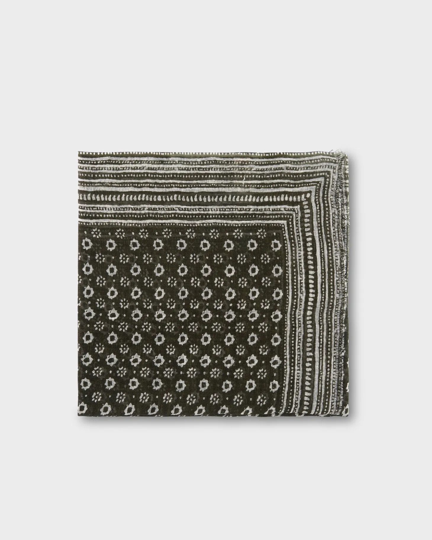 Deep Green Flower Pattern Frayed Edge Linen Scarf