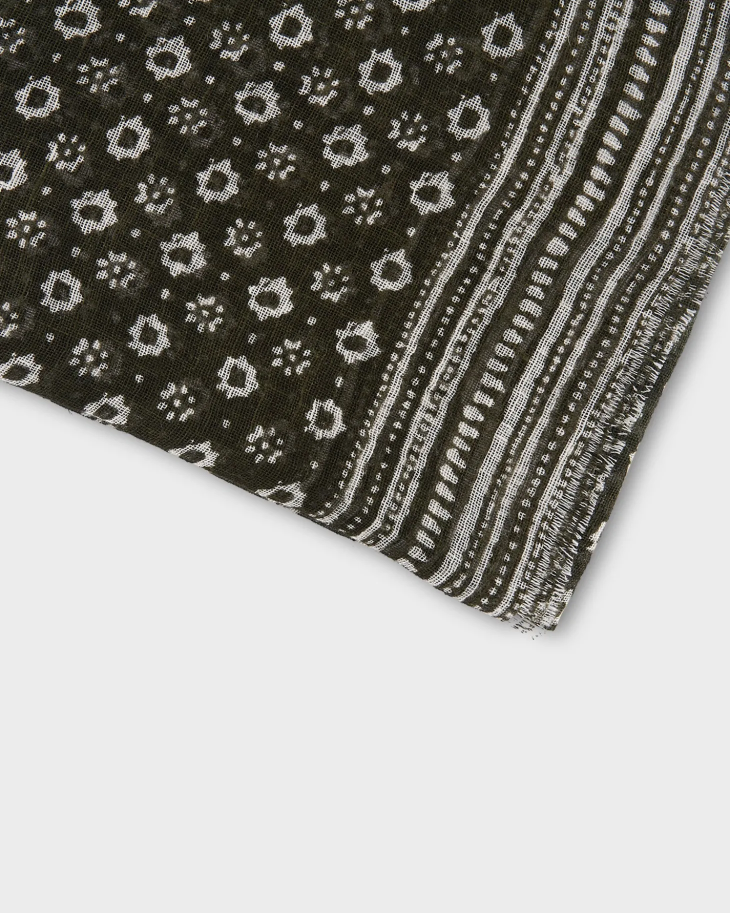 Deep Green Flower Pattern Frayed Edge Linen Scarf