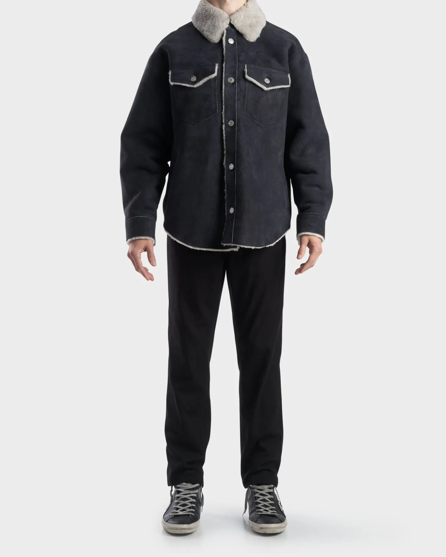 Faded Black Oversize Shearling Shirt Jacket