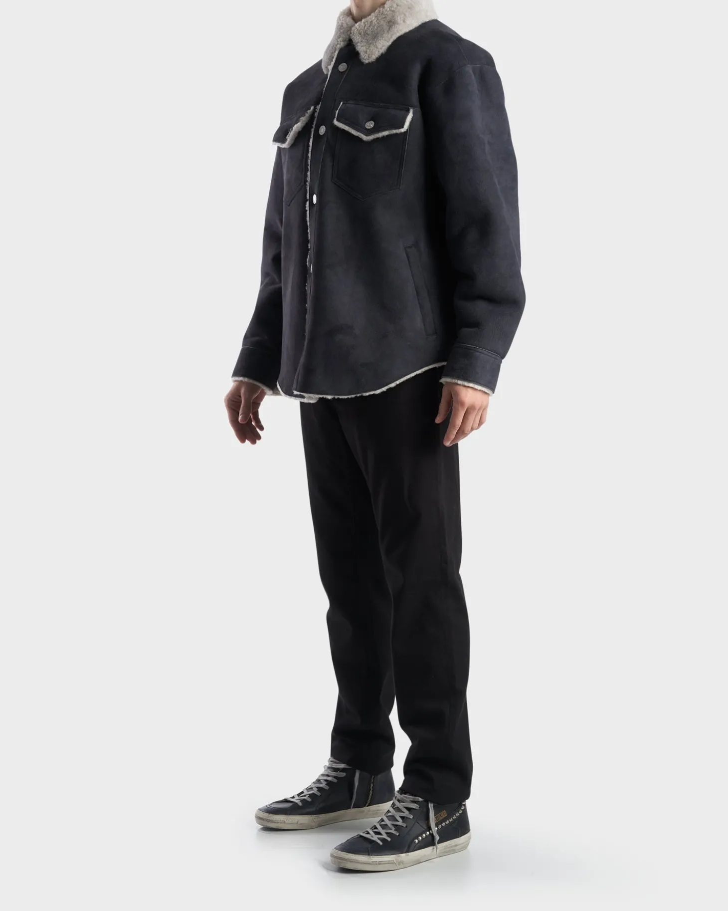 Faded Black Oversize Shearling Shirt Jacket