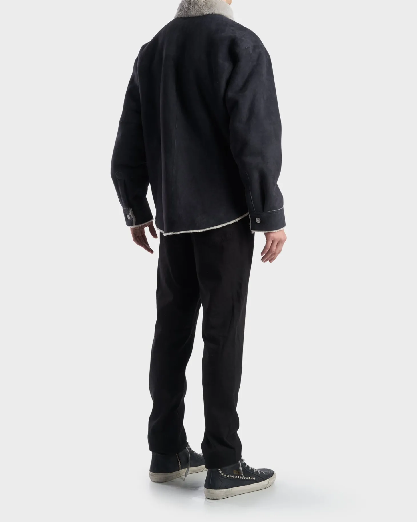 Faded Black Oversize Shearling Shirt Jacket