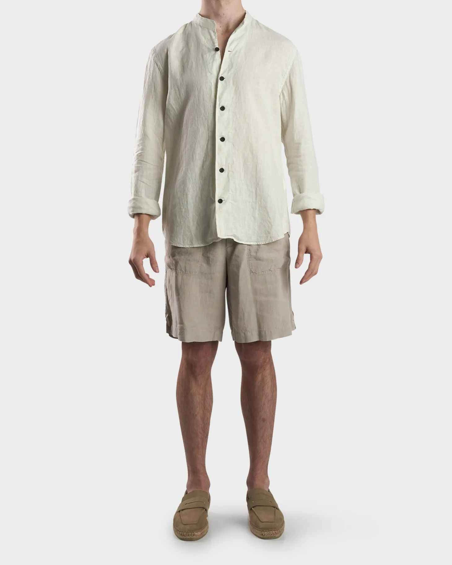 Light Beige Linen Stand Up Collar Shirt