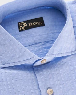 Light Blue Cotton Linen Self Stripe Seersucker Shirt