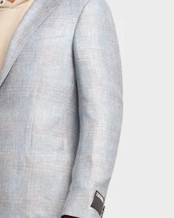 Light Blue Tan Overcheck Cashmere Linen Silk Sports Jacket