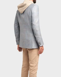 Light Blue Tan Overcheck Cashmere Linen Silk Sports Jacket