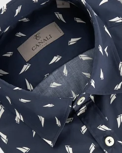Navy And White Sailing Boat Pattern Cotton Shirt