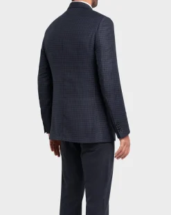 Navy Check Wool Silk Sports Jacket