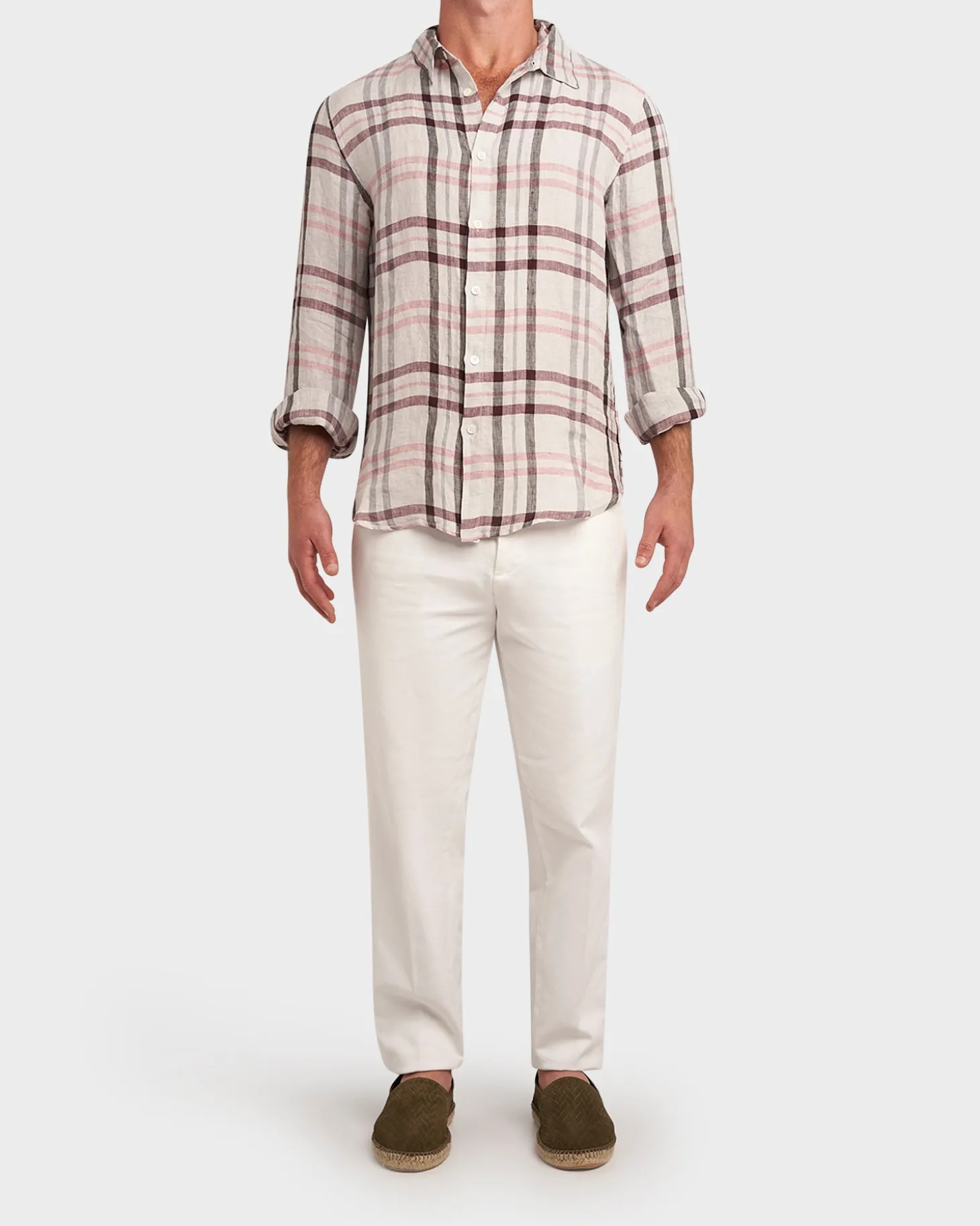 Pink Grey And White Check Linen Shirt