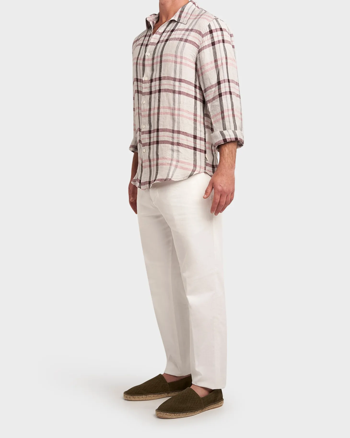 Pink Grey And White Check Linen Shirt