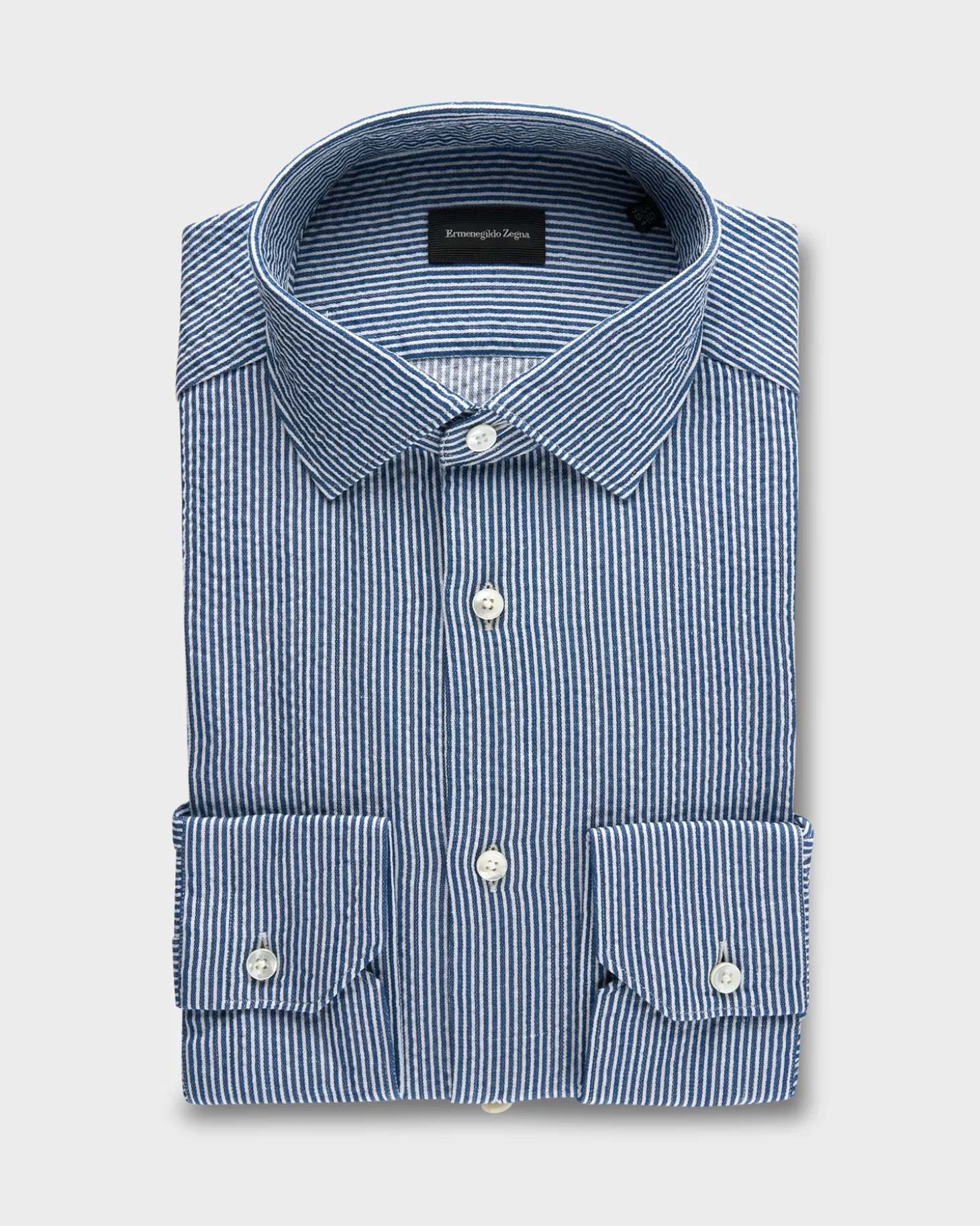 Teal And White Pinstripe Cotton Linen Milano Shirt