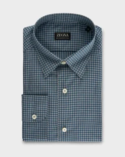 Teal Blue Gingham Centoquaranta Twill Cotton Shirt