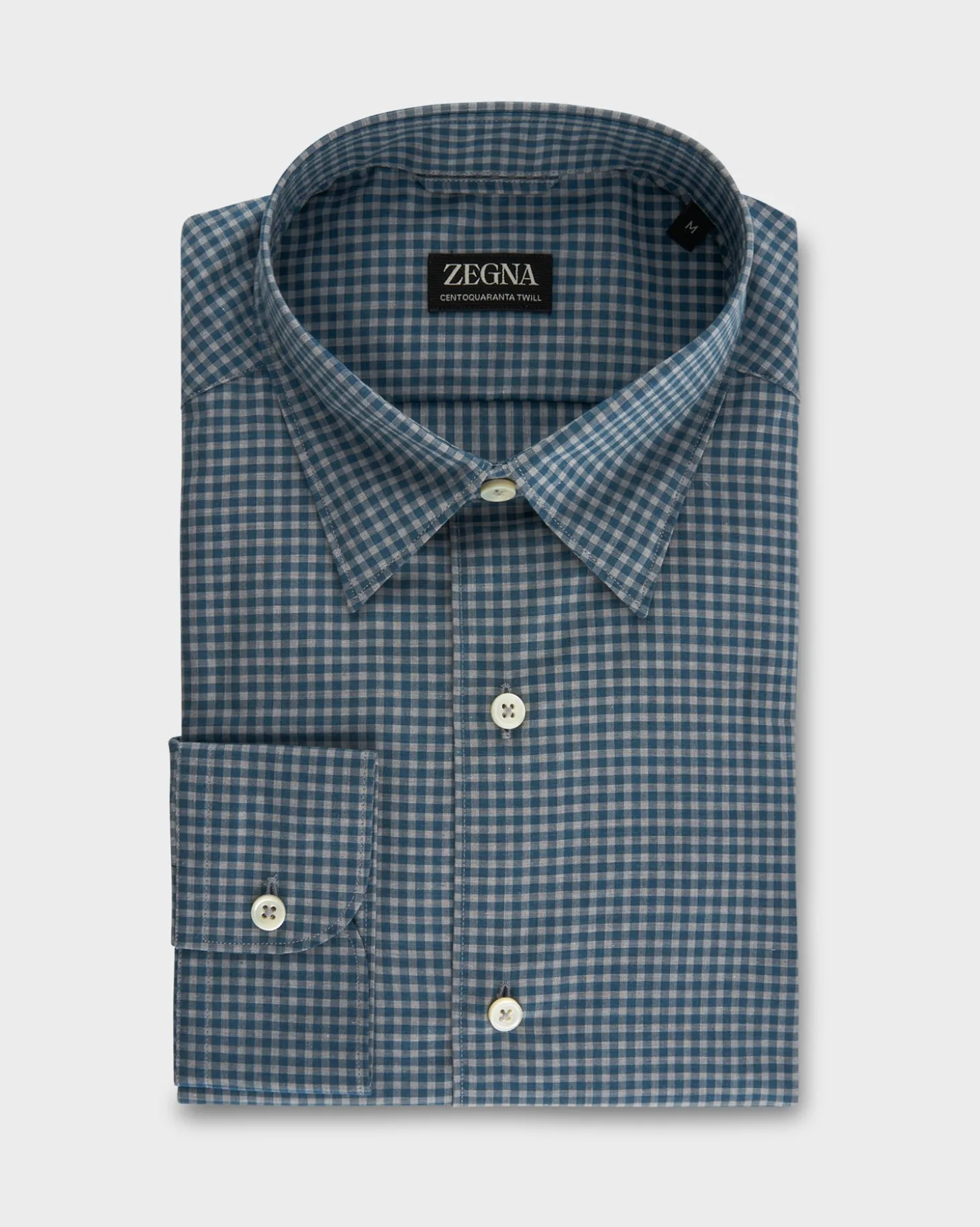 Teal Blue Gingham Centoquaranta Twill Cotton Shirt