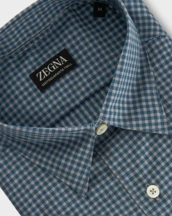 Teal Blue Gingham Centoquaranta Twill Cotton Shirt